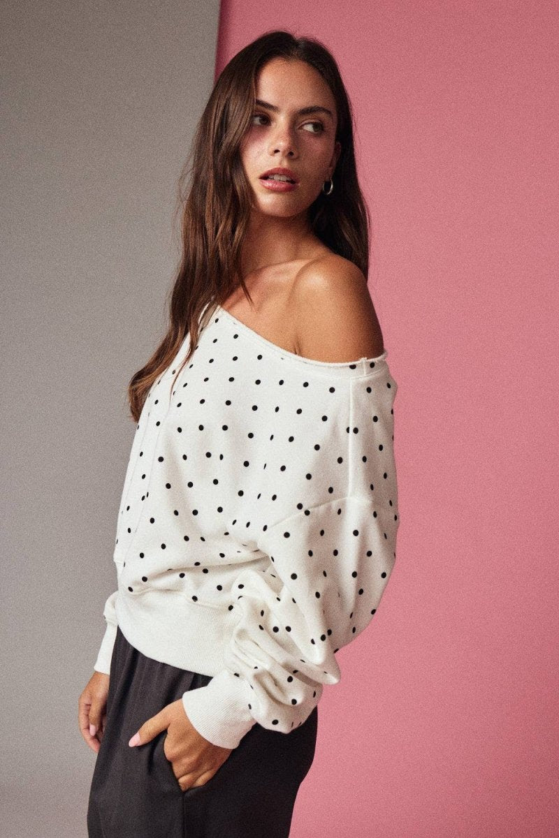 PT17835 - 7 Polka Dot Off Shoulder Sweatshirt Relaxed Fit - MerciGrace Boutique