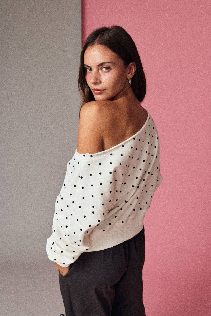 PT17835 - 7 Polka Dot Off Shoulder Sweatshirt Relaxed Fit - MerciGrace Boutique
