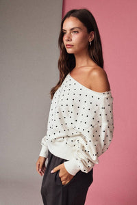 PT17835 - 7 Polka Dot Off Shoulder Sweatshirt Relaxed Fit - MerciGrace Boutique
