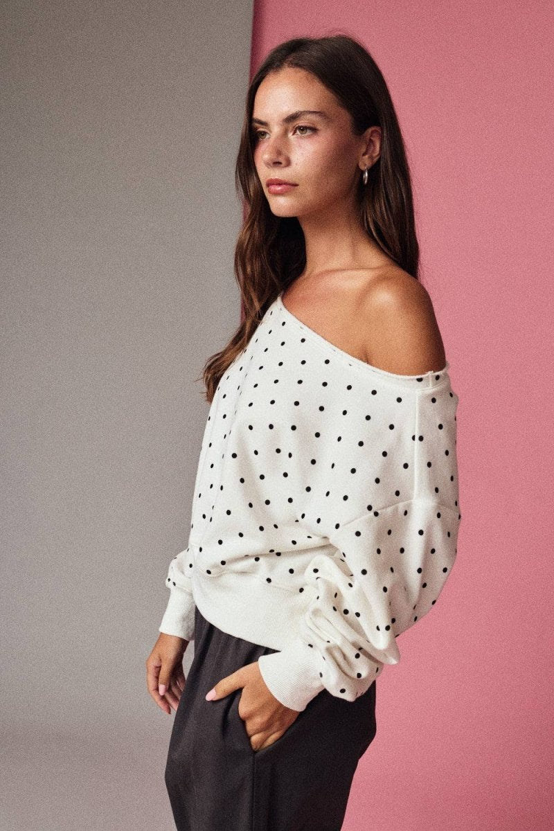 PT17835 - 7 Polka Dot Off Shoulder Sweatshirt Relaxed Fit - MerciGrace Boutique