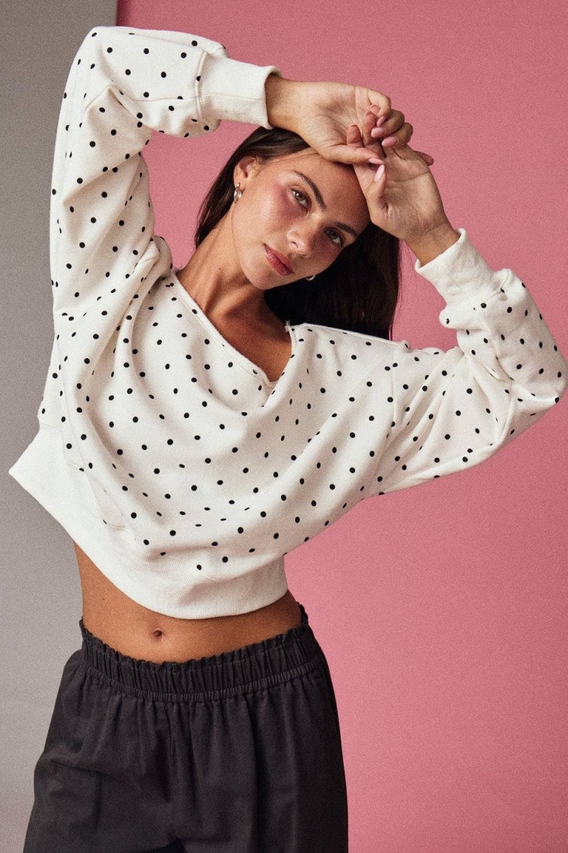 PT17835 - 7 Polka Dot Off Shoulder Sweatshirt Relaxed Fit - MerciGrace Boutique