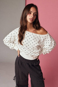 PT17835 - 7 Polka Dot Off Shoulder Sweatshirt Relaxed Fit - MerciGrace Boutique