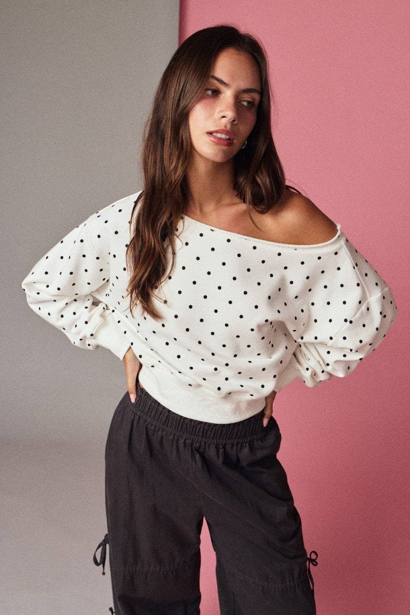 PT17835 - 7 Polka Dot Off Shoulder Sweatshirt Relaxed Fit - MerciGrace Boutique
