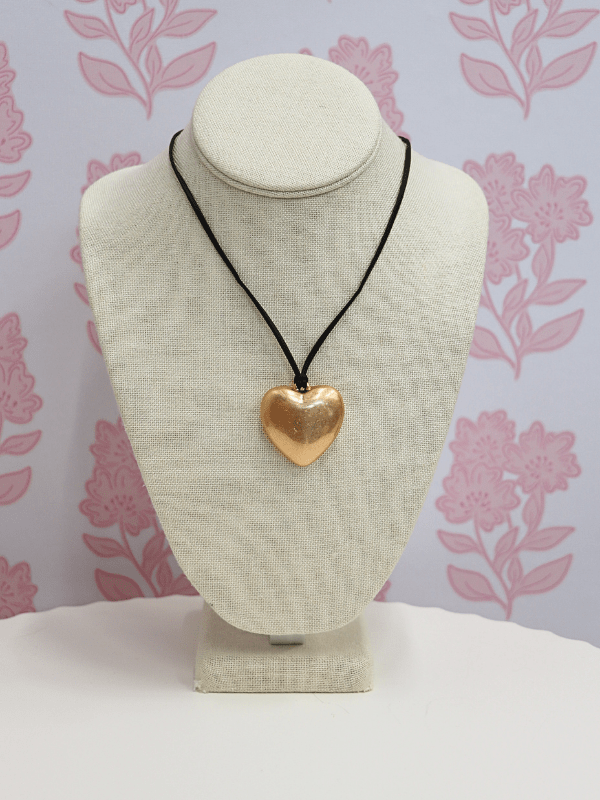 Puffy Heart Cord Necklace - Worn Gold