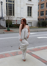 Polka dot linen halter top with wide leg pants styled as resort wear outfit