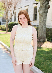 Round Neck Gingham Shirred Tank Top - Light Yellow - MerciGrace BoutiqueTop