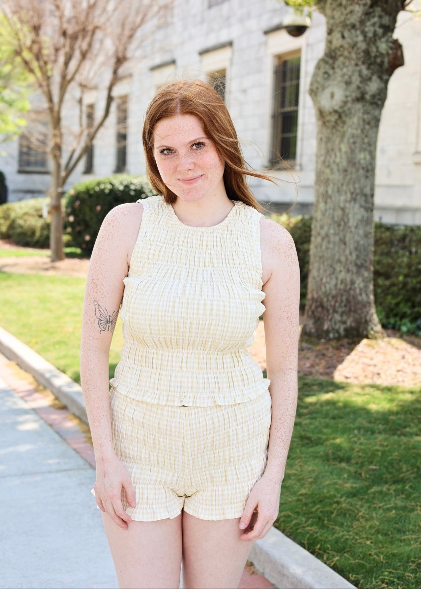 Round Neck Gingham Shirred Tank Top - Light Yellow - MerciGrace BoutiqueTop