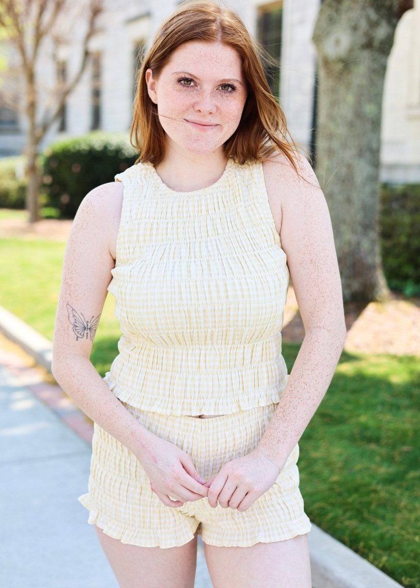 Round Neck Gingham Shirred Tank Top - Light Yellow - MerciGrace BoutiqueTop