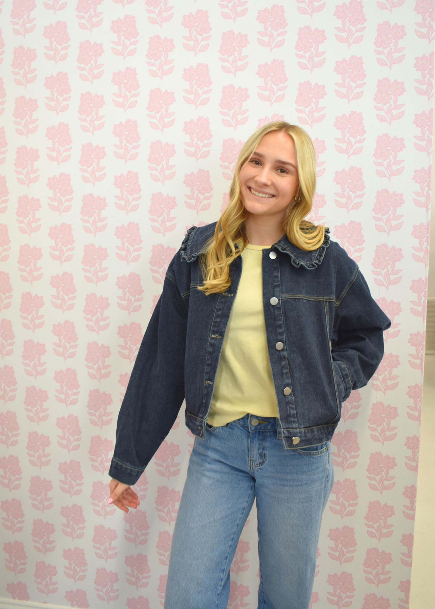 Dark wash denim jacket with ruffled Peter Pan collar