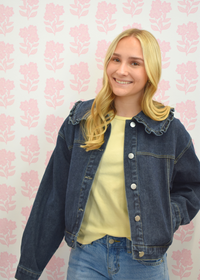 Vintage inspired dark wash denim jacket styled for layering