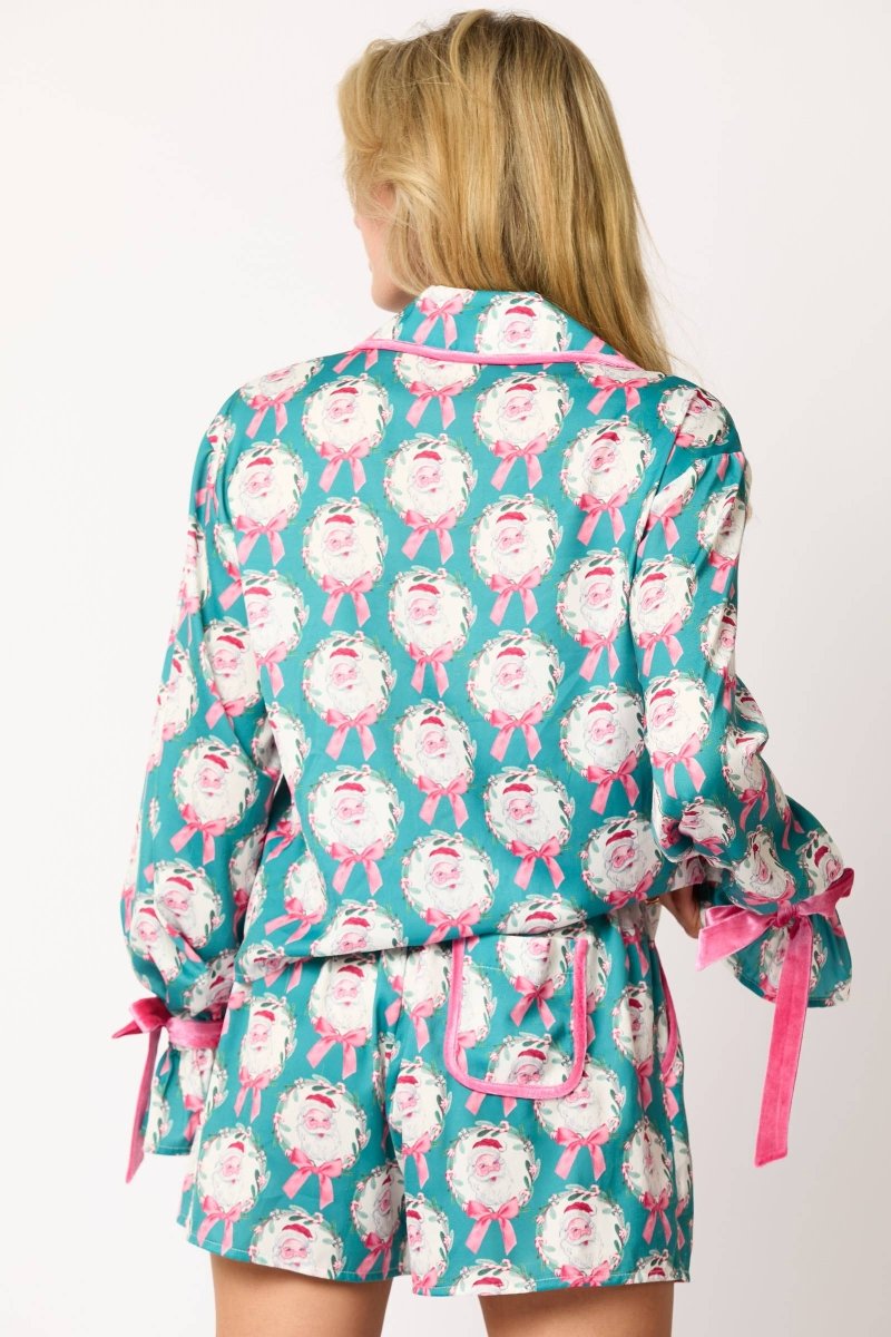 Santa & Bows Satin Pj Set - Teal/Pink - MerciGrace BoutiqueSet