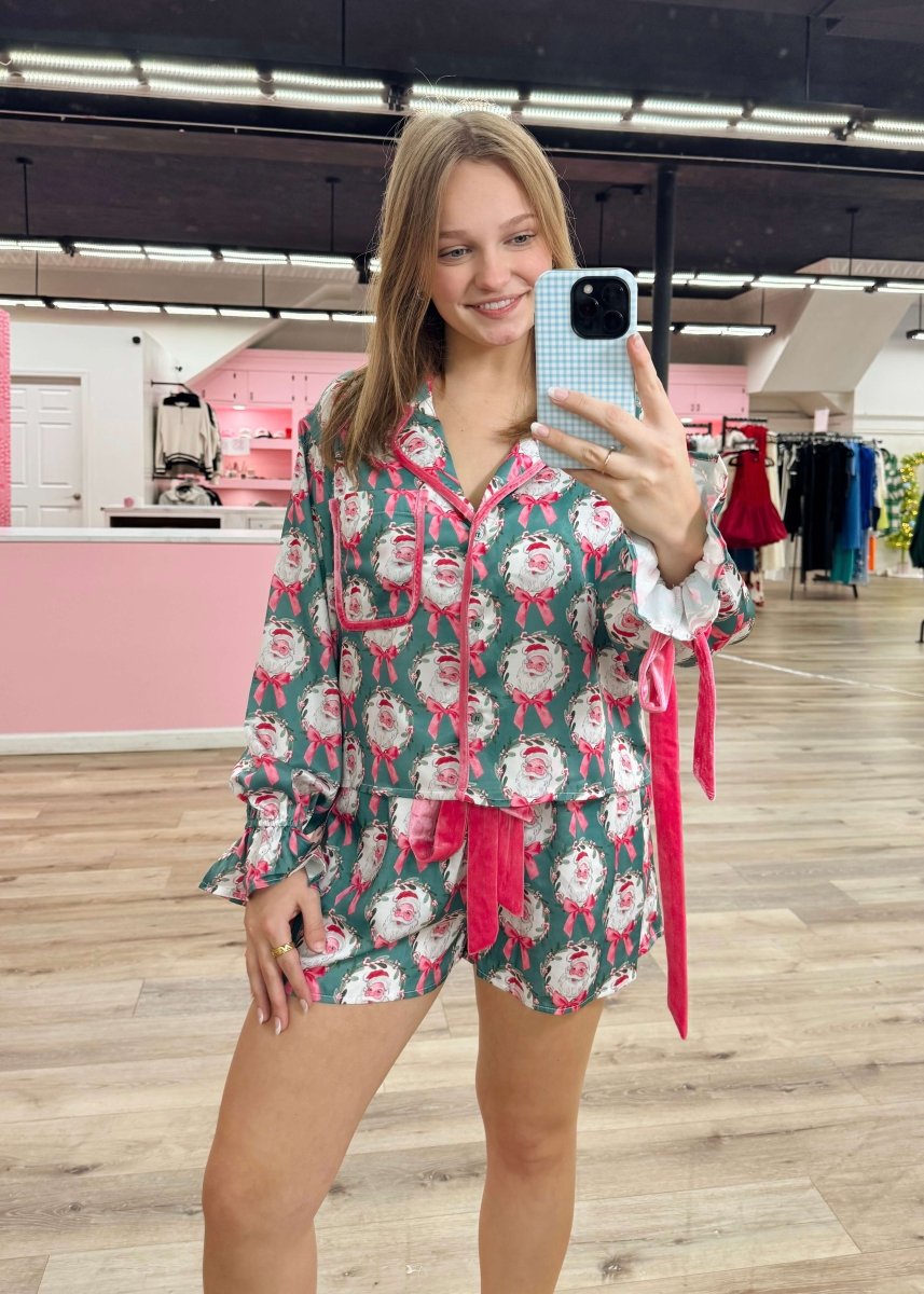 Santa & Bows Satin Pj Set - Teal/Pink - MerciGrace BoutiqueSet