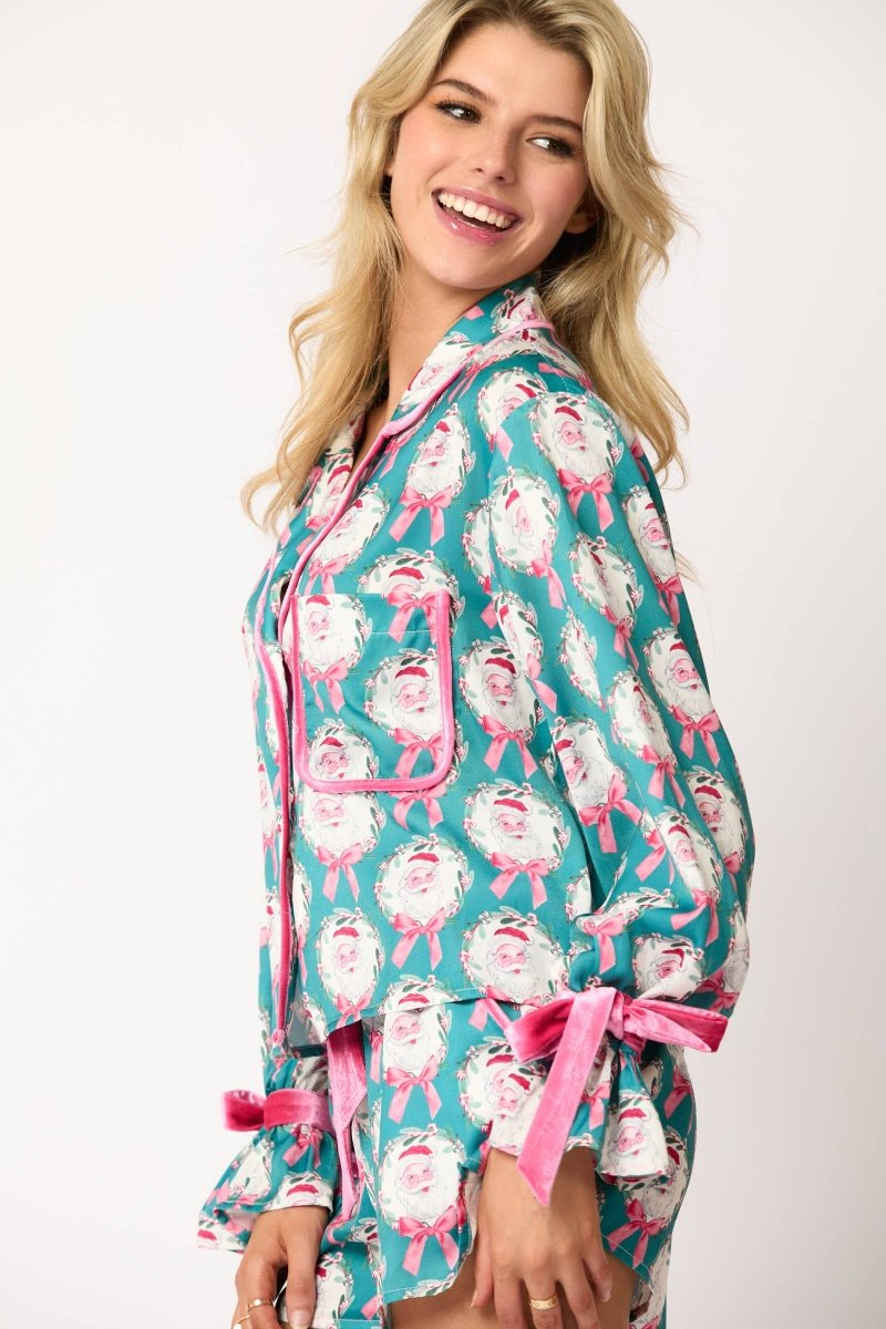 Santa & Bows Satin Pj Set - Teal/Pink - MerciGrace BoutiqueSet