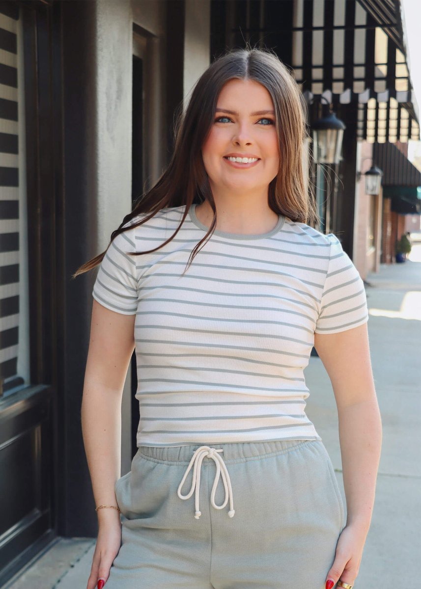 Saxton Striped Tee - Sage Green - MerciGrace BoutiqueTop