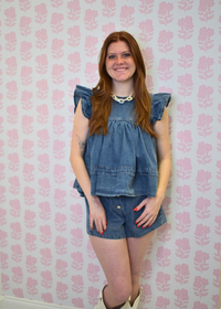 Denim poplin pull on shorts with elastic waistband