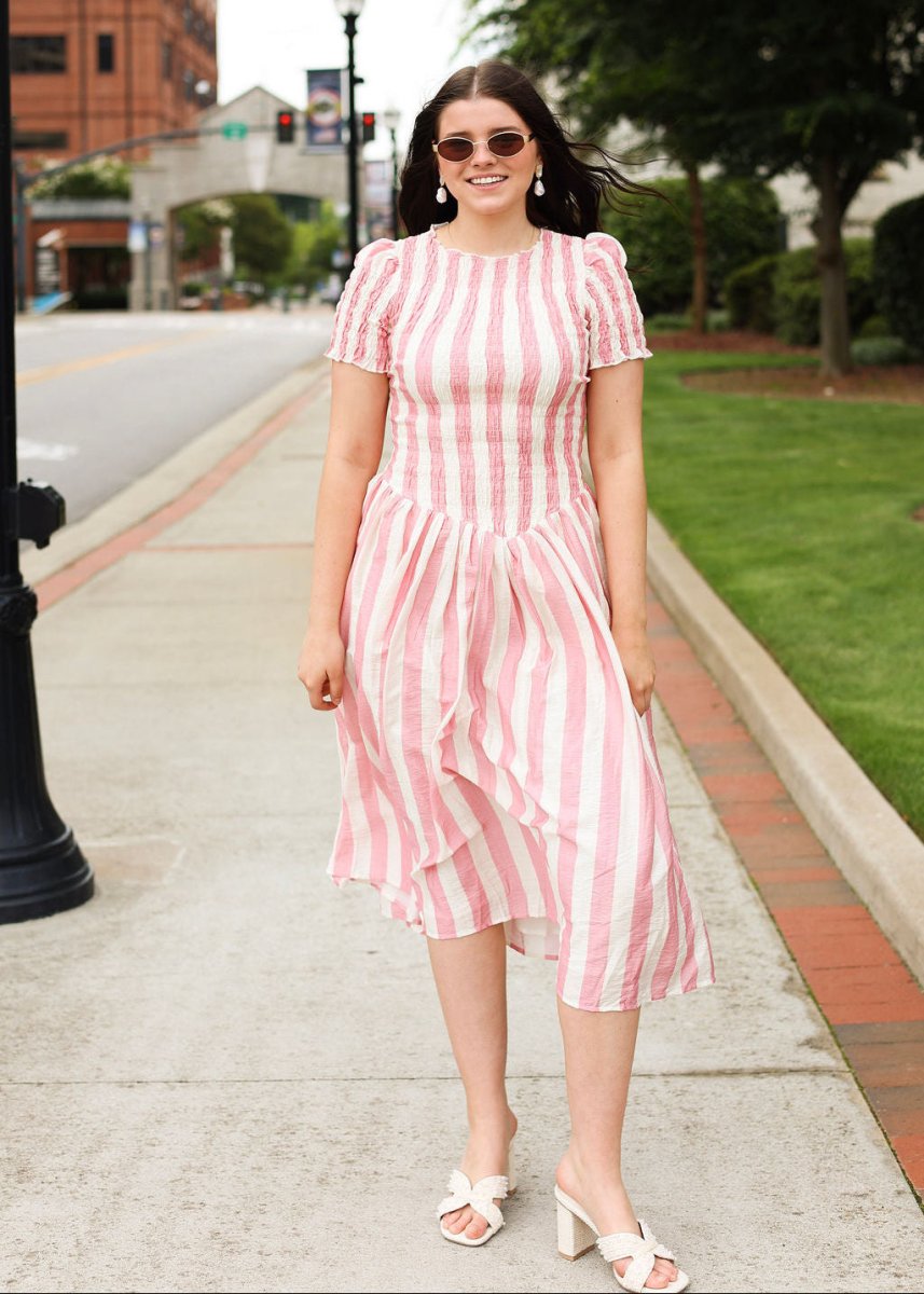 Sofia Drop Waist Midi Dress - Pink/Cream - MerciGrace Boutique