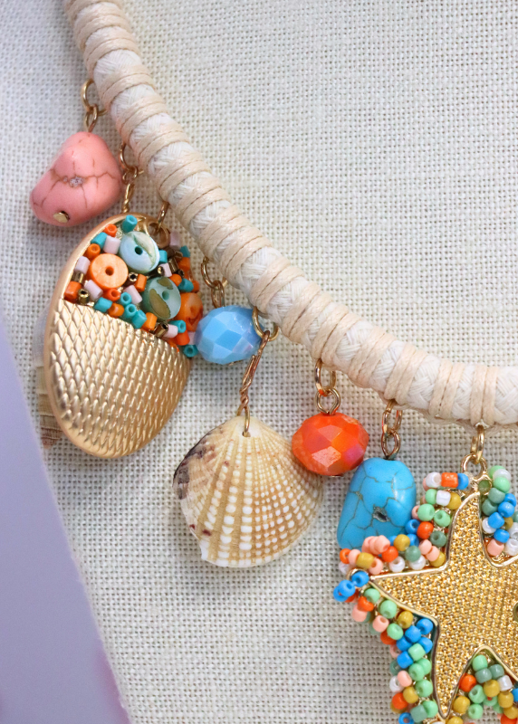 Starfish & Sealife Multi Charm Cord Necklace - Beige/Multi - MerciGrace BoutiqueNecklace