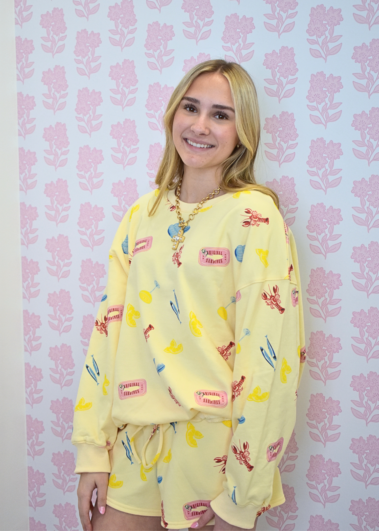 Sunny Lobster sweatshirt styled with matching sweatshorts
