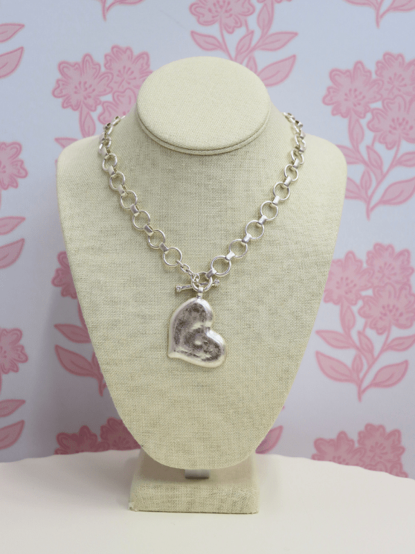 Textured Heart Necklace Set - Vintage Silver