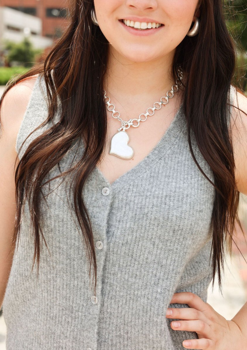 Textured Heart Necklace Set - Vintage Silver