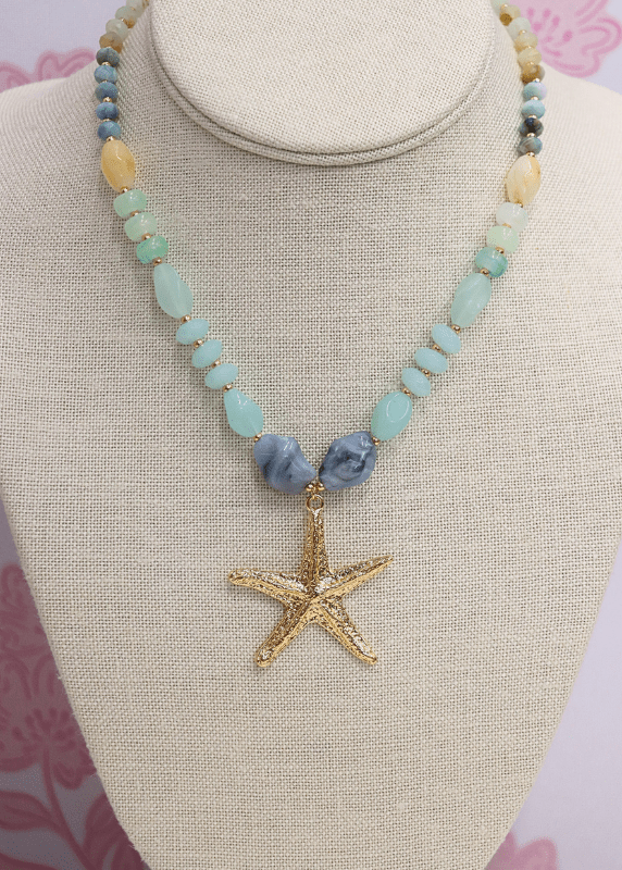 Textured Starfish Stone Bead Necklace - Green Multi/Gold - MerciGrace BoutiqueNecklace