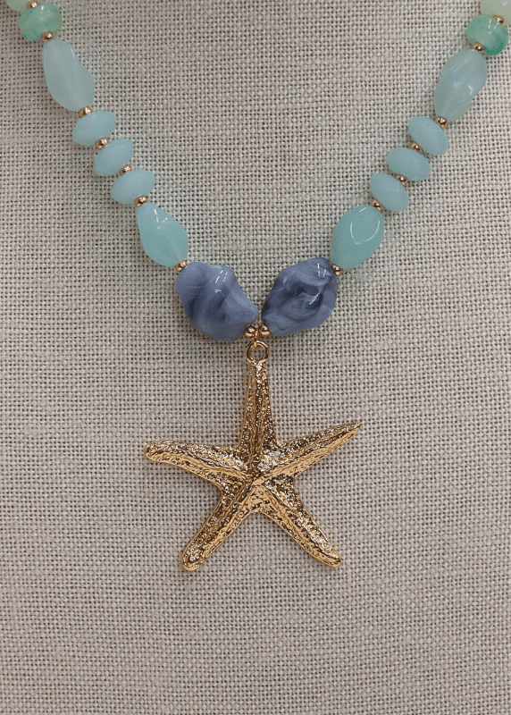 Textured Starfish Stone Bead Necklace - Green Multi/Gold - MerciGrace BoutiqueNecklace
