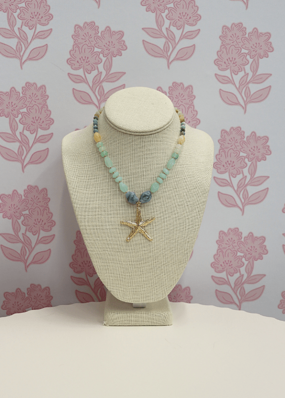 Textured Starfish Stone Bead Necklace - Green Multi/Gold - MerciGrace BoutiqueNecklace