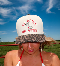 Structured baseball hat with leopard bill and playful embroidered text