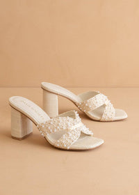 The Tiara | White Pearl Embroidered Raffia Block Heel - MerciGrace BoutiqueShoes