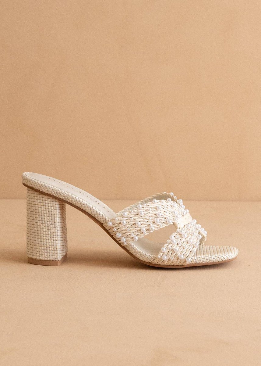The Tiara | White Pearl Embroidered Raffia Block Heel - MerciGrace BoutiqueShoes