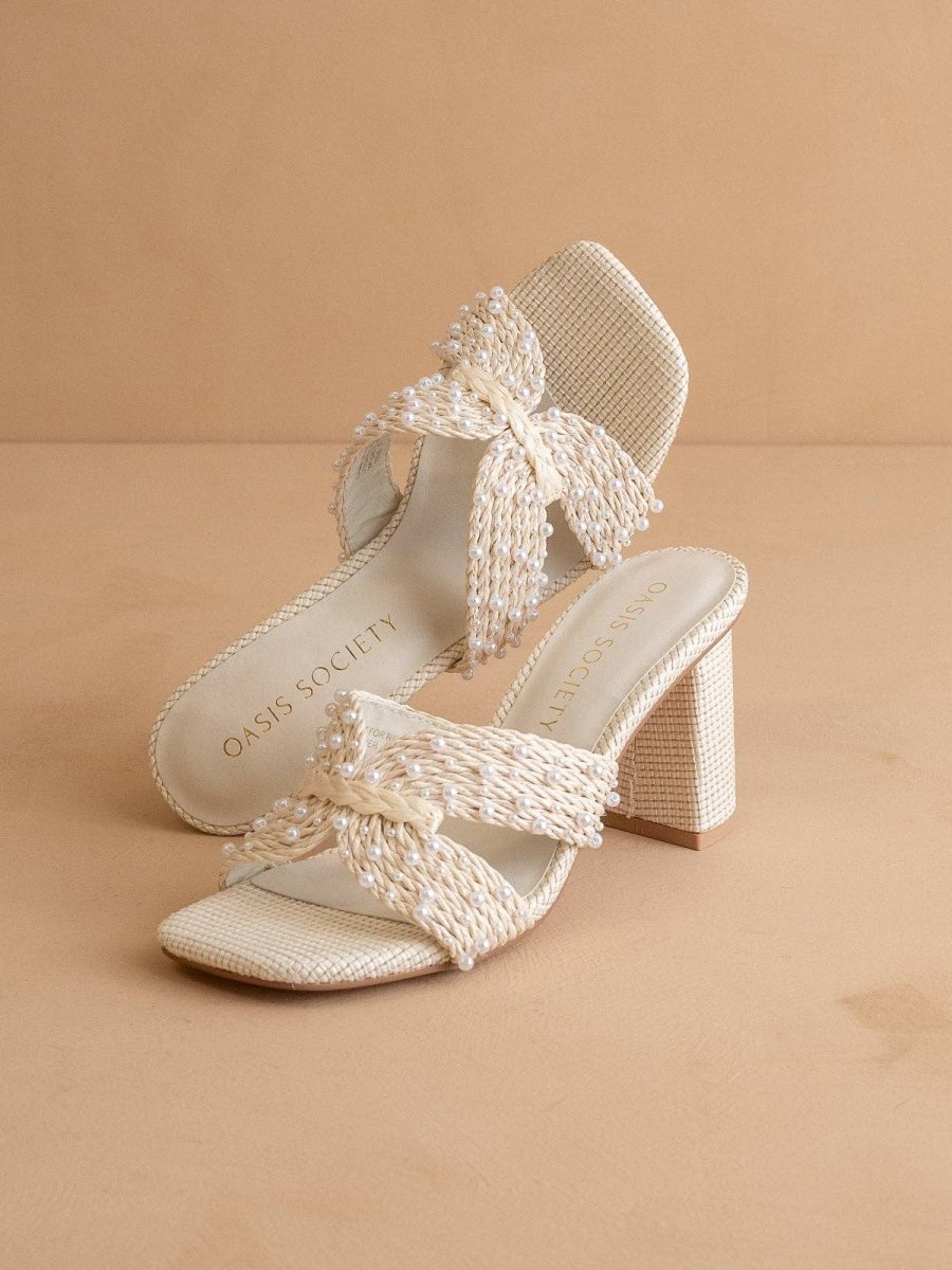 The Tiara | White Pearl Embroidered Raffia Block Heel - MerciGrace BoutiqueShoes