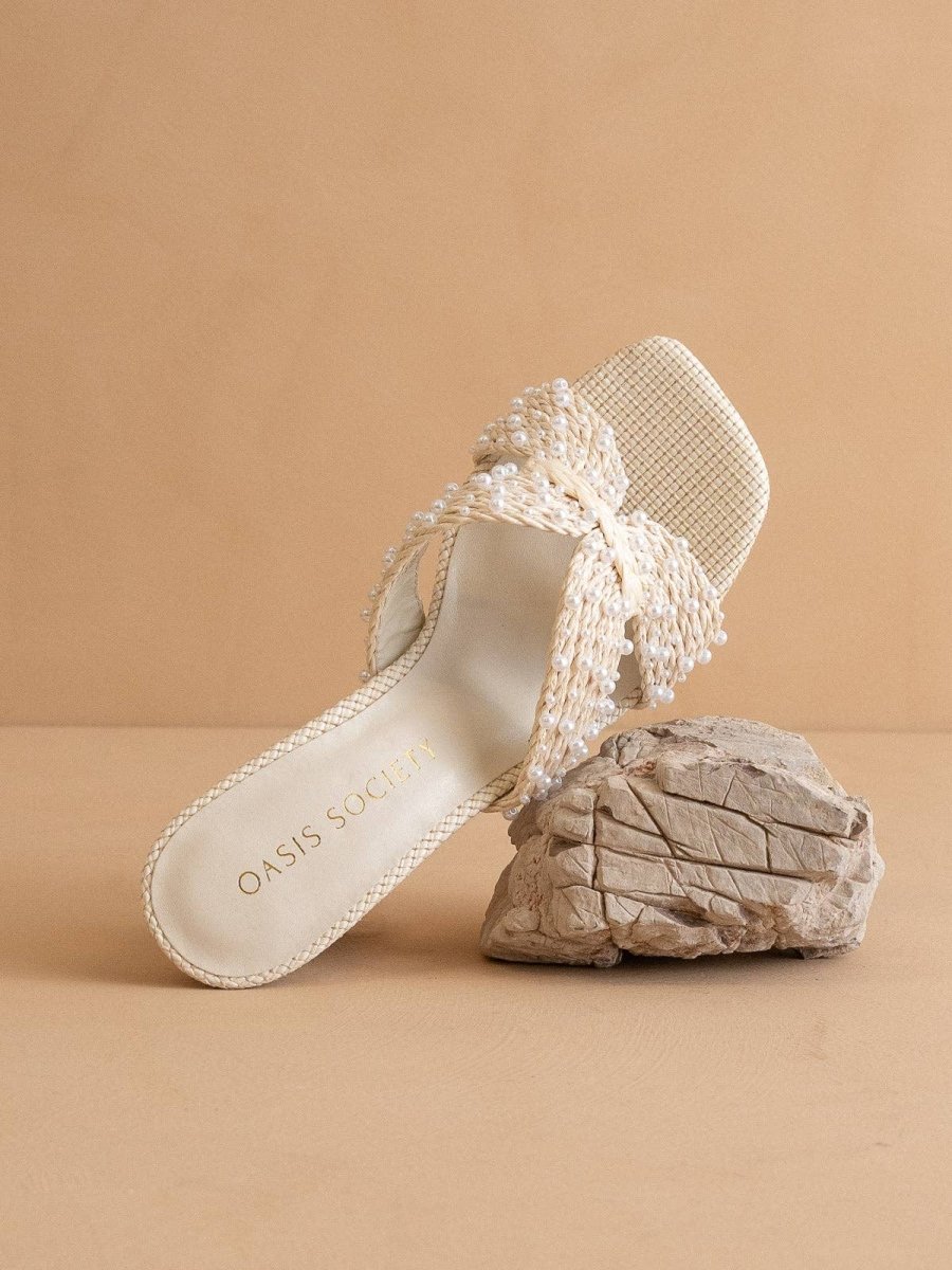 The Tiara | White Pearl Embroidered Raffia Block Heel - MerciGrace BoutiqueShoes
