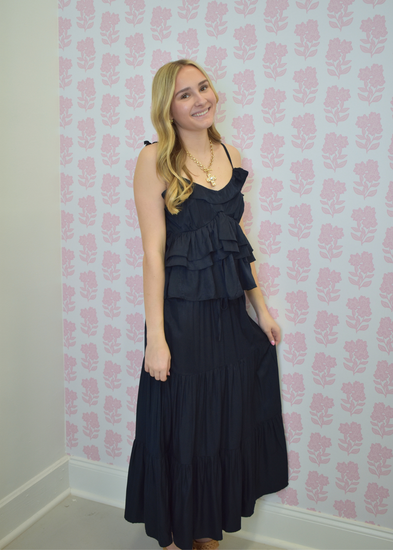 Navy tie strap cami and tiered midi skirt matching set