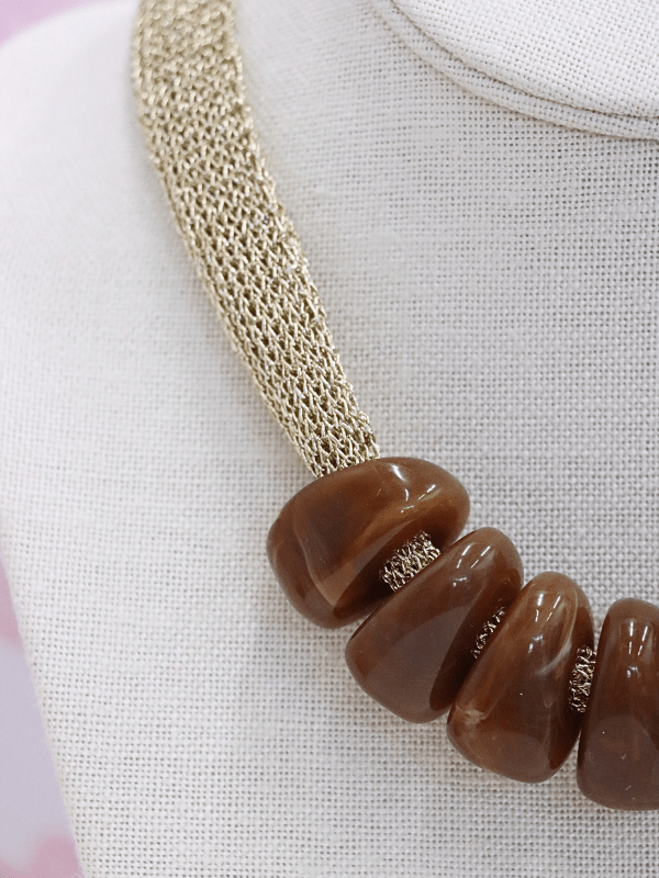 Trapezoid Bead Mesh Fabric Necklace - Brown/Gold - MerciGrace BoutiqueNecklace