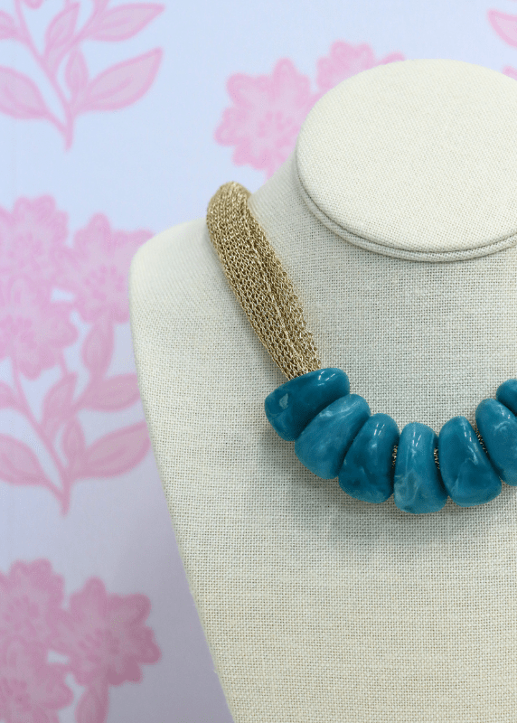 Trapezoid Bead Mesh Fabric Necklace - Turquoise/Gold - MerciGrace BoutiqueNecklace