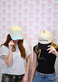 Baby blue MAMA trucker hat styled with casual everyday outfit