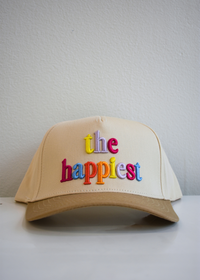 Detail view of The Happiest multicolor embroidered trucker hat