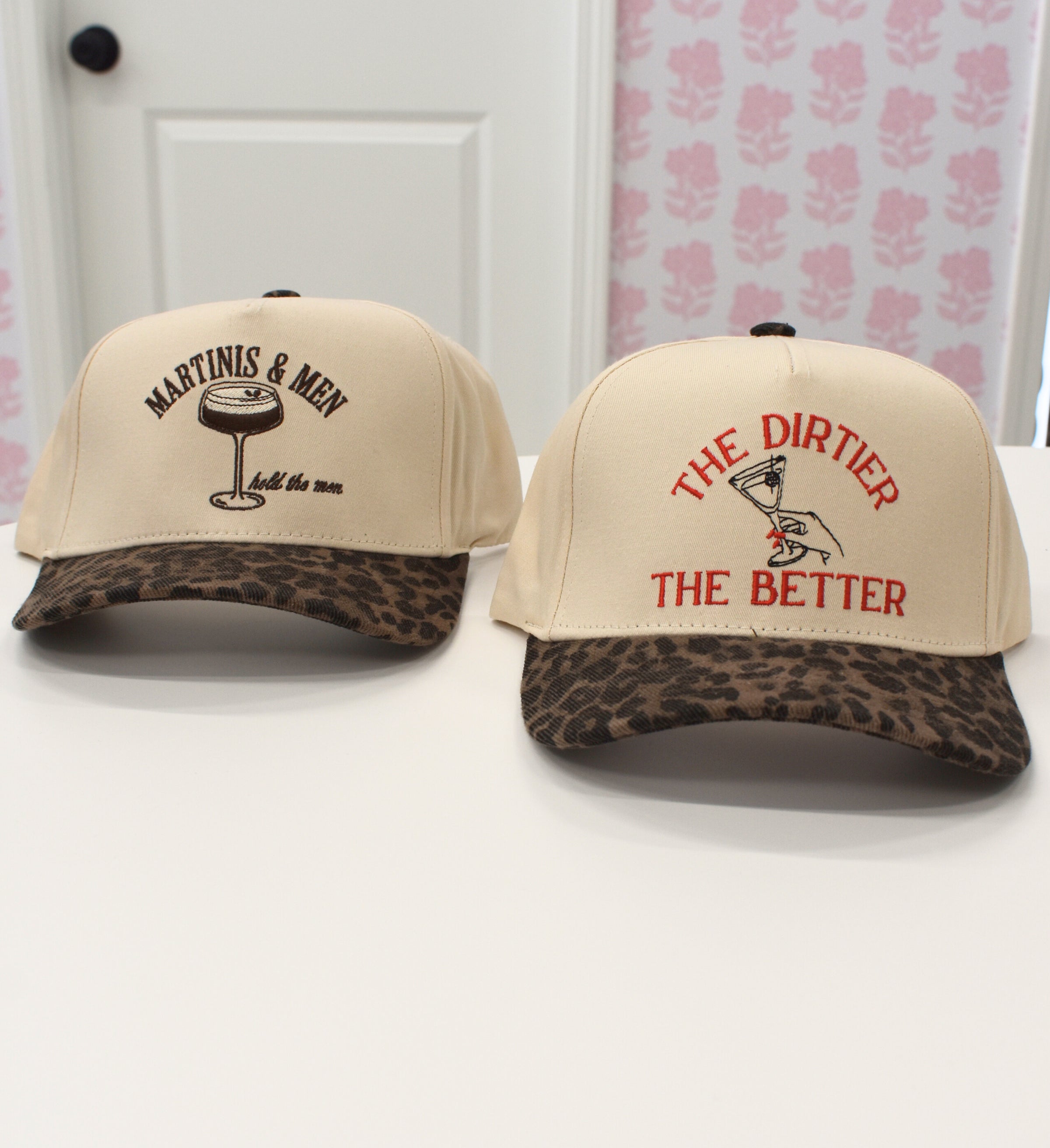 Leopard print bill detail on structured natural baseball hat with embroidery