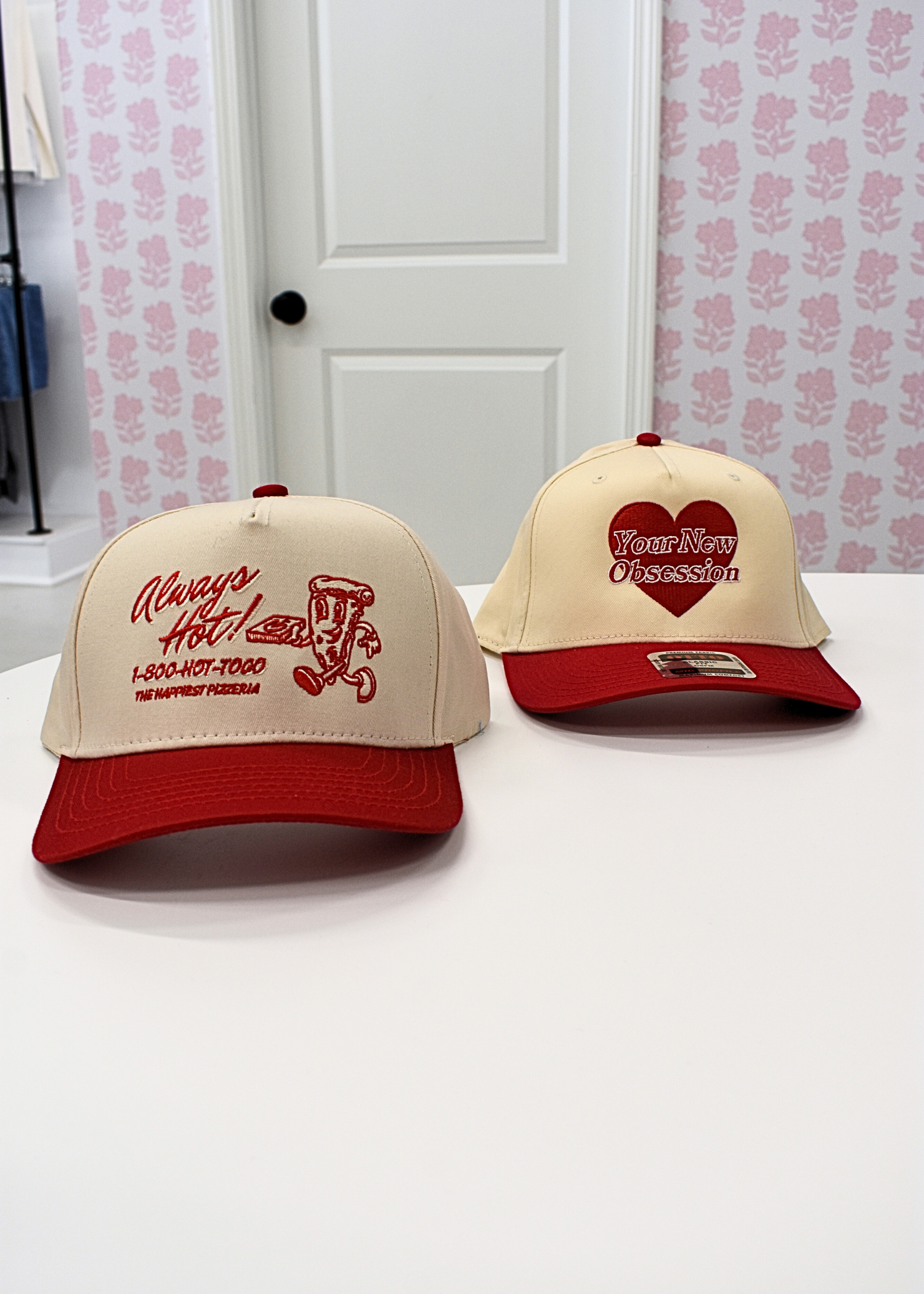 Red and natural structured baseball hat with embroidery