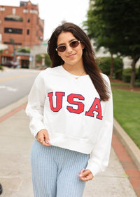 USA Cropped Sweatshirt - White/Red - MerciGrace BoutiqueSweatshirt