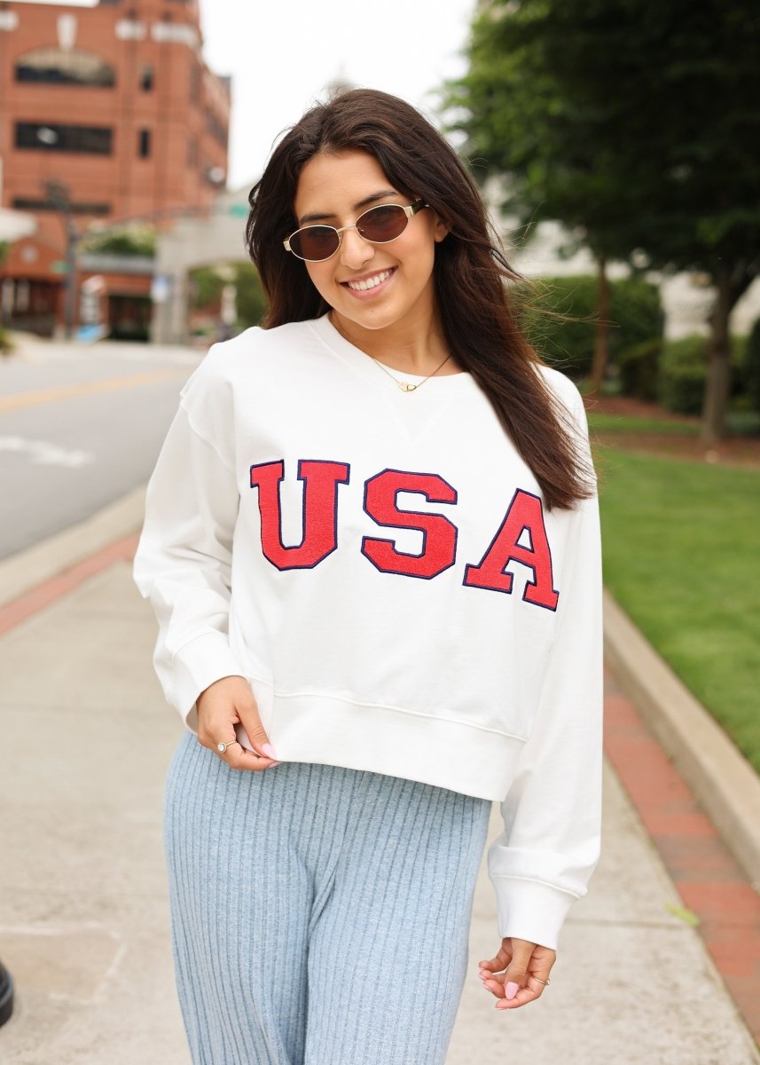 USA Cropped Sweatshirt - White/Red - MerciGrace BoutiqueSweatshirt