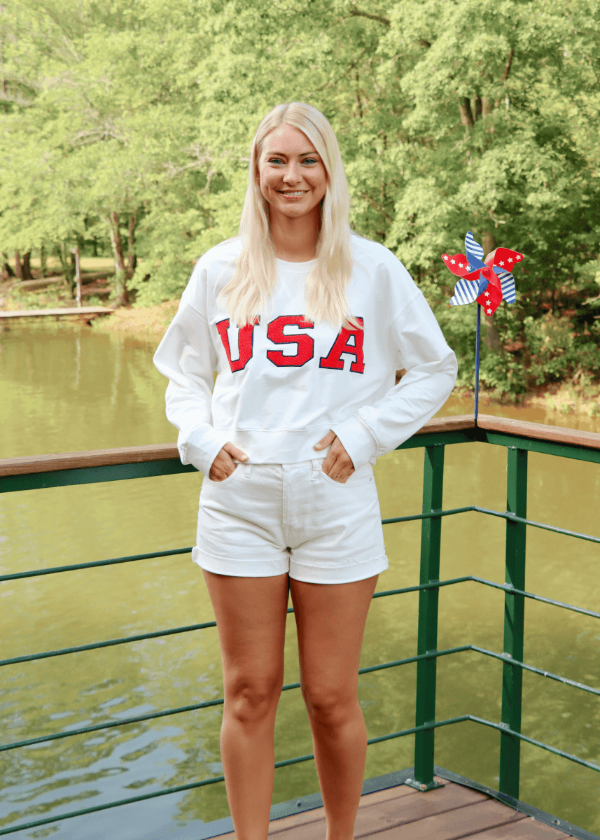 USA Cropped Sweatshirt - White/Red - MerciGrace BoutiqueSweatshirt