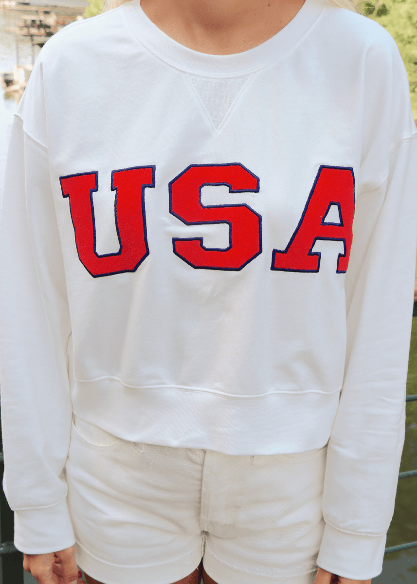 USA Cropped Sweatshirt - White/Red - MerciGrace BoutiqueSweatshirt