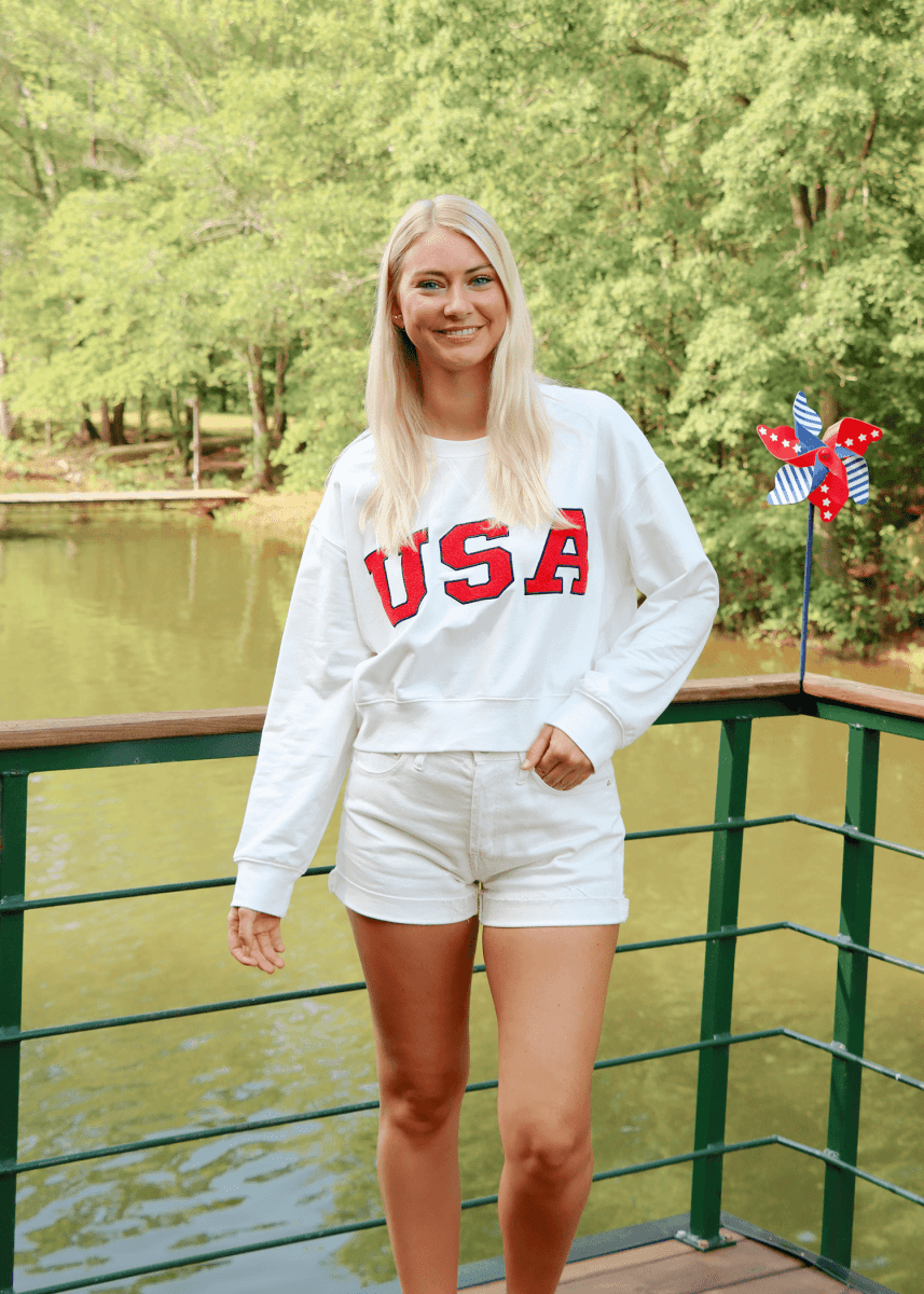 USA Cropped Sweatshirt - White/Red - MerciGrace BoutiqueSweatshirt
