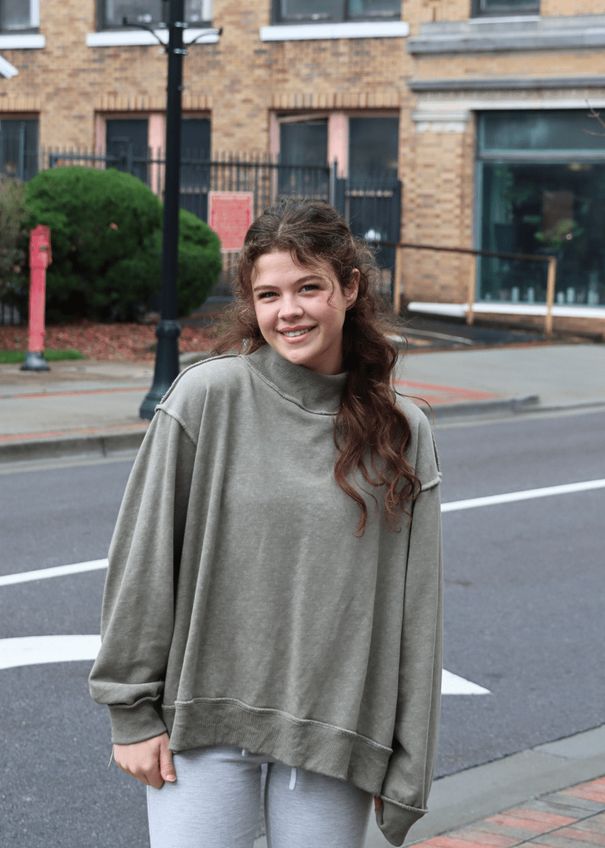 Vintage Wash Print Mockneck Lightweight Sweatshirt - Olive - MerciGrace BoutiqueSweatshirt