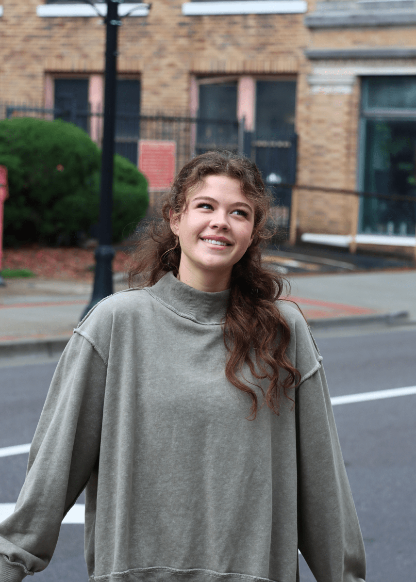 Vintage Wash Print Mockneck Lightweight Sweatshirt - Olive - MerciGrace BoutiqueSweatshirt