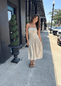 Weekend Stroll Strapless Drop Waist Midi Dress - Oat