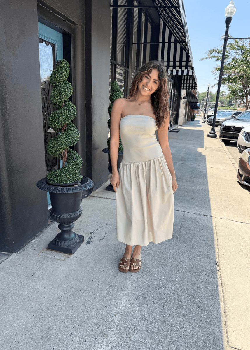 Weekend Stroll Strapless Drop Waist Midi Dress - Oat