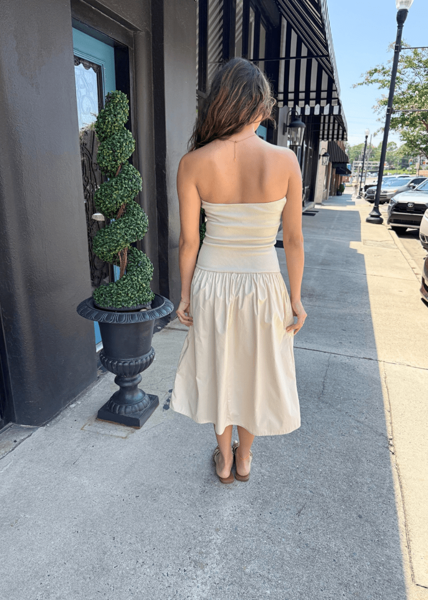 Weekend Stroll Strapless Drop Waist Midi Dress - Oat