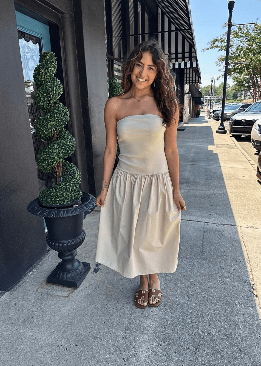 Weekend Stroll Strapless Drop Waist Midi Dress - Oat